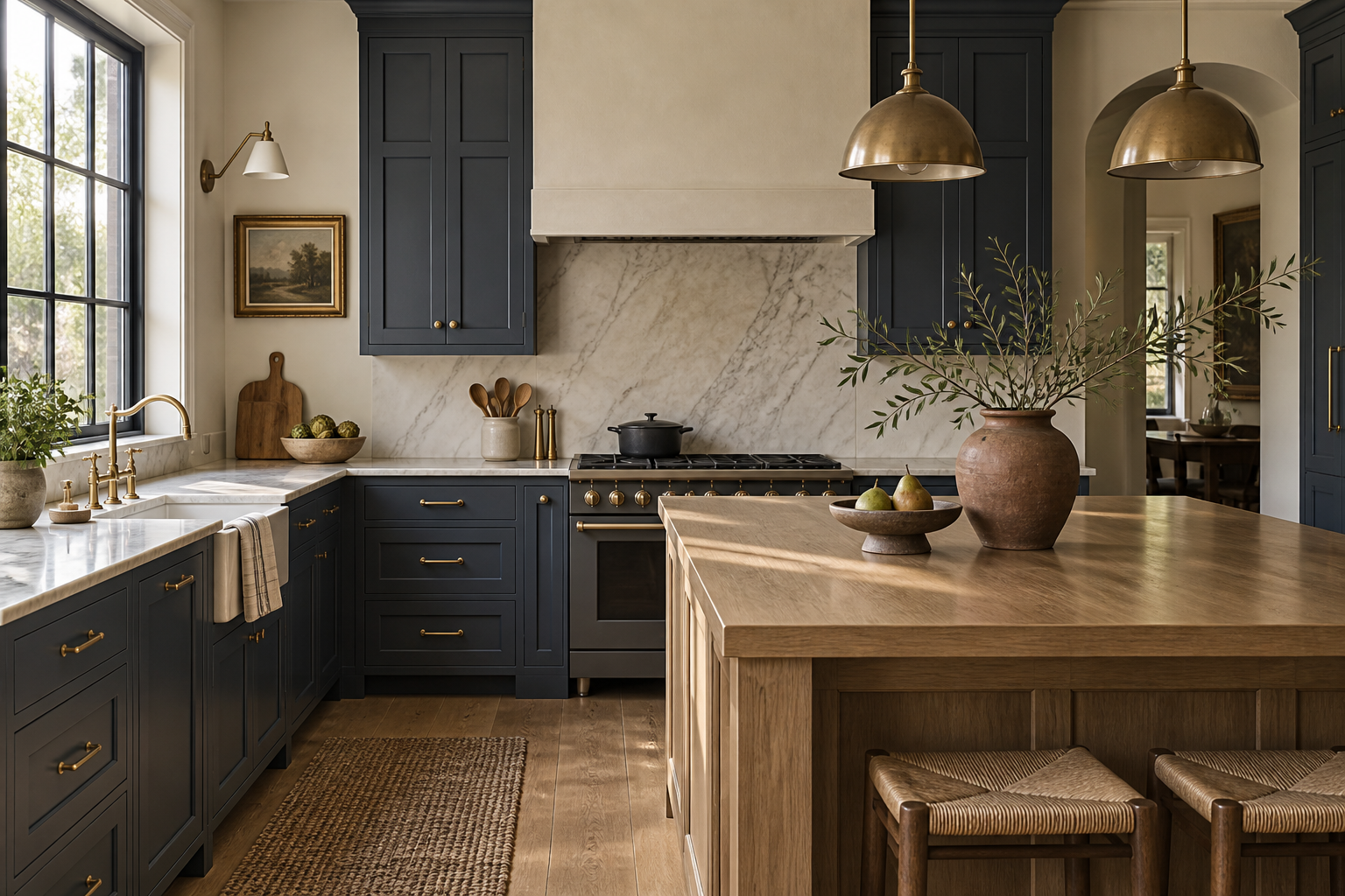 Kitchen concept with slate navy cabinets, brass handles and an oak island