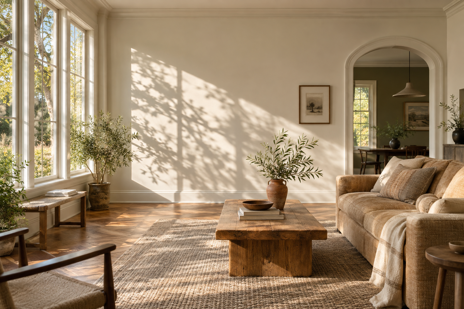 Sunlit living room with warm ivory walls, oak furniture and a caramel sofa
